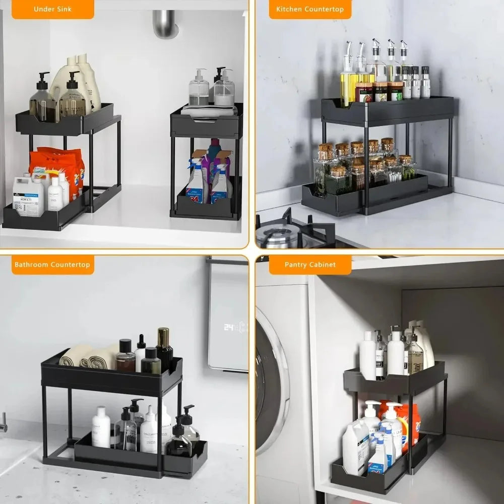Organizador Bajo la Pileta 2 Niveles Extraible con Ganchos y Vasos – Cocina y Baño