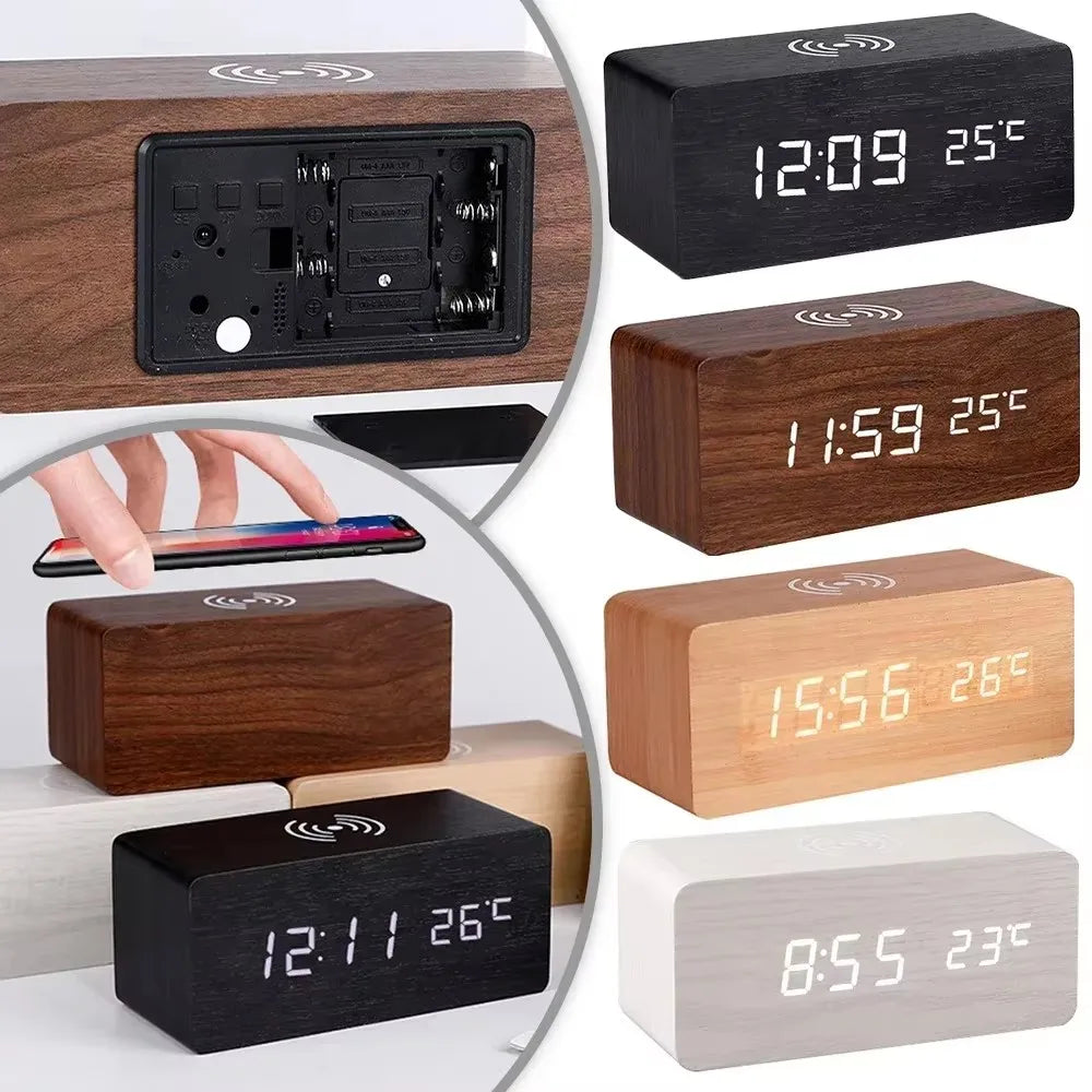 Reloj Despertador LED de Madera con Temperatura y Carga Inalámbrica – USB/AAA para Escritorio