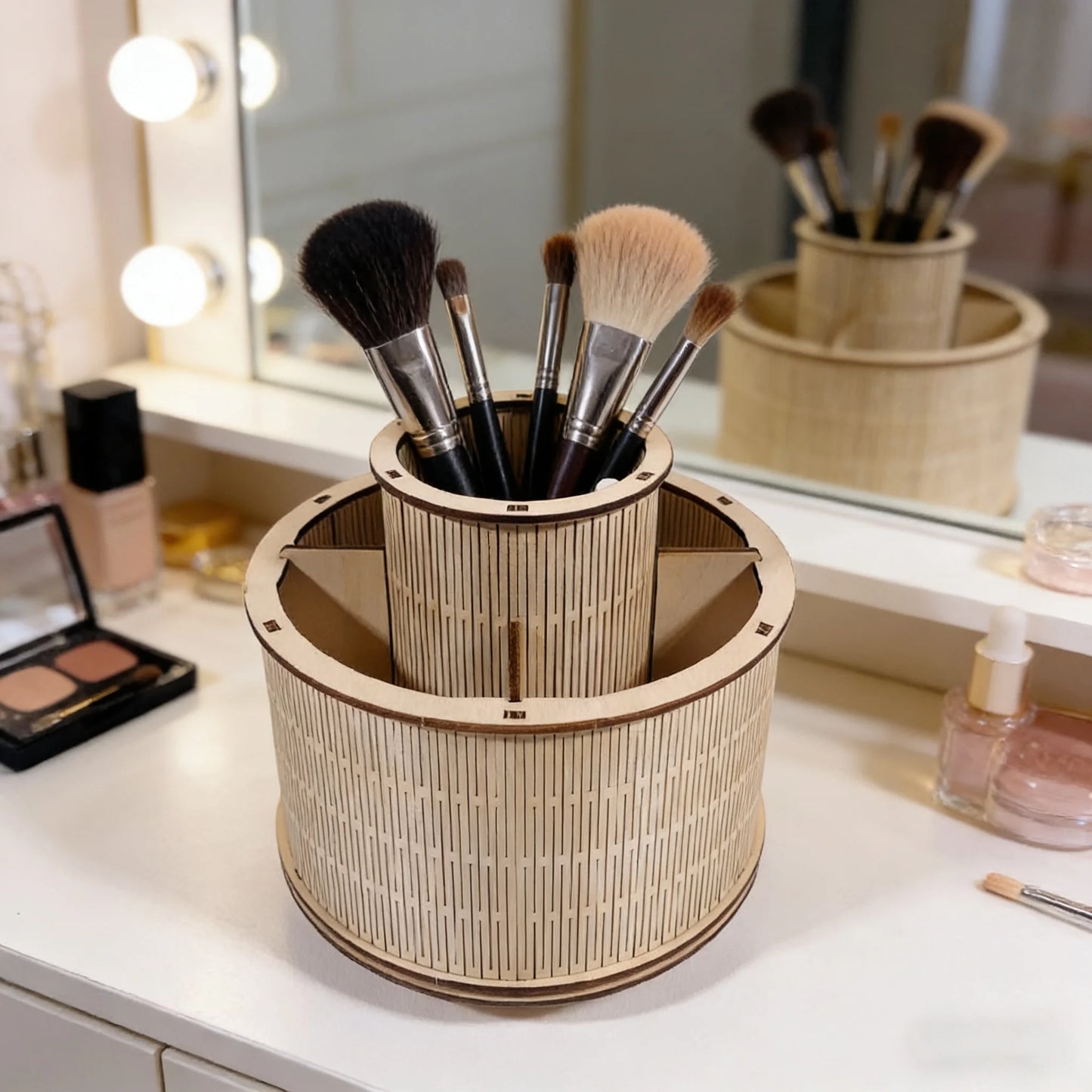 Organizador de Maquillaje Giratorio 3D de Madera – Caja Rotatoria para Pinceles y Cosméticos