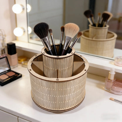Organizador de Maquillaje Giratorio 3D de Madera – Caja Rotatoria para Pinceles y Cosméticos