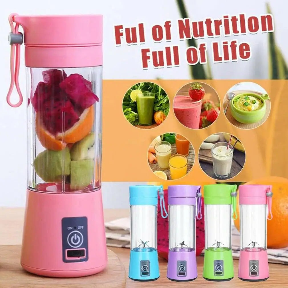 Licuadora Portátil Recargable por USB de 380 ml con 6 Cuchillas para Jugos, Batidos y Smoothies