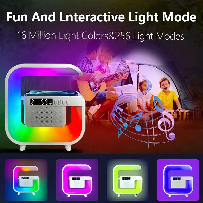 Cargador Inalámbrico Multifunción con Altavoz Bluetooth 5.0 – FM, RGB y Luz Nocturna para iPhone y Samsung