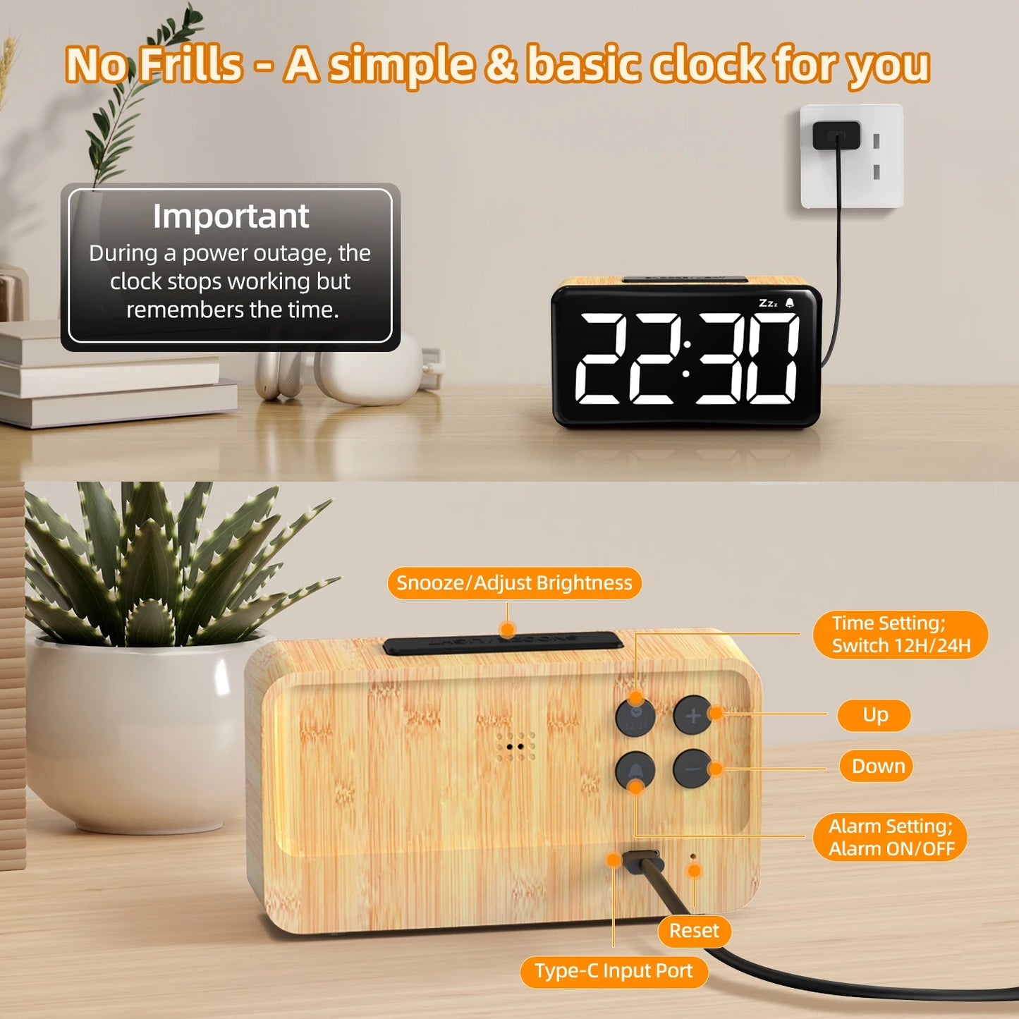 Reloj Despertador Digital LED con Carga USB y Brillo Ajustable – Formato 12/24H para Hogar y Oficina