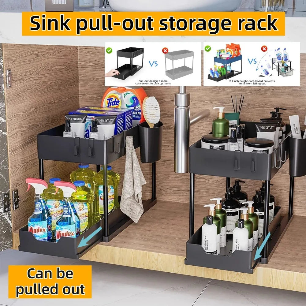 Organizador Bajo la Pileta 2 Niveles Extraible con Ganchos y Vasos – Cocina y Baño
