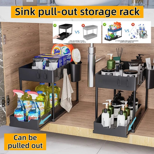 Organizador Bajo la Pileta 2 Niveles Extraible con Ganchos y Vasos – Cocina y Baño