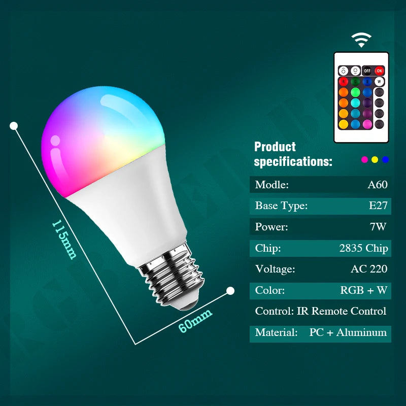 Bombilla LED RGB E27 con Control Remoto – 7W, 16 Colores, Regulable, AC220V