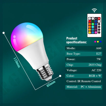 Bombilla LED RGB E27 con Control Remoto – 7W, 16 Colores, Regulable, AC220V
