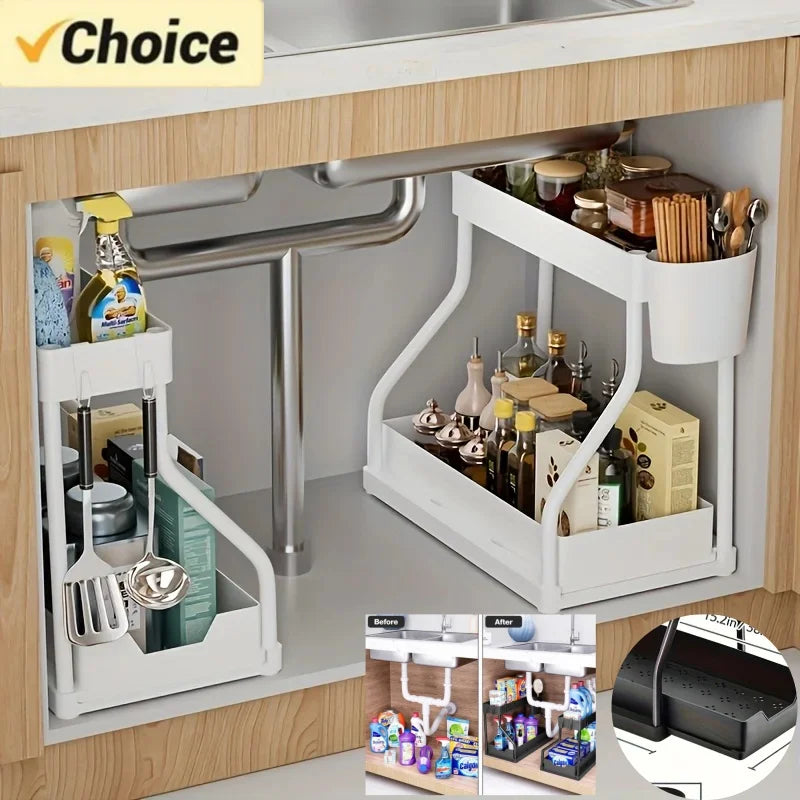 Organizador Bajo la Pileta 2 Niveles con Cajón Deslizante – Gran Capacidad para Cocina y Baño