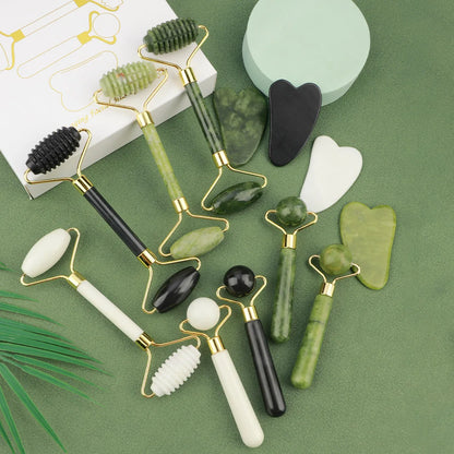 Kit 3 en 1 Rodillo de Jade + Gua Sha – Masajeador Facial para Ojos, Cuello y Rostro