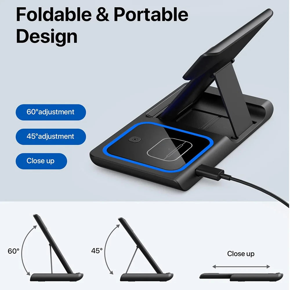 Cargador Inalámbrico 15W 3 en 1 Plegable – Estación de Carga Rápida para iPhone, Apple Watch y AirPods