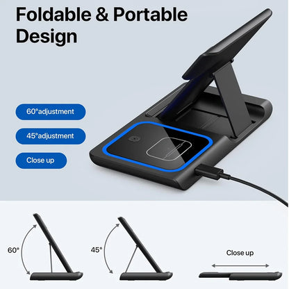 Cargador Inalámbrico 15W 3 en 1 Plegable – Estación de Carga Rápida para iPhone, Apple Watch y AirPods