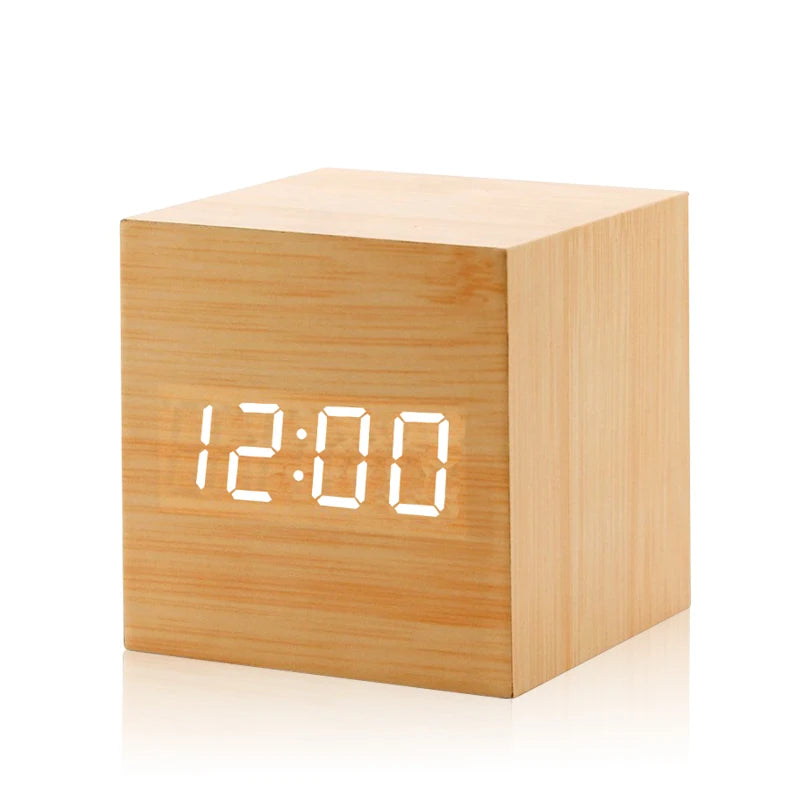 Reloj Despertador Digital de Madera con Control de Voz – Temperatura, 3 Alarmas, USB, Formato 12/24H