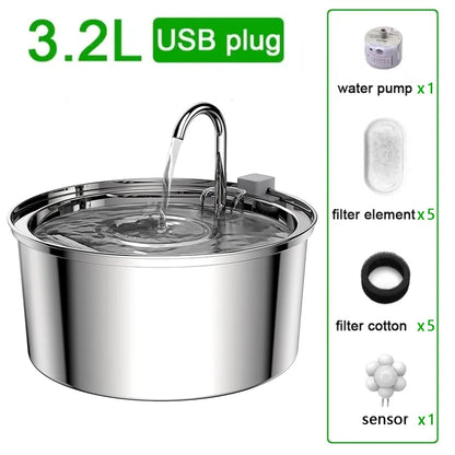 Fuente de Agua para Mascotas de Acero Inoxidable con Bomba USB Ultrasilenciosa – Gatos y Perros