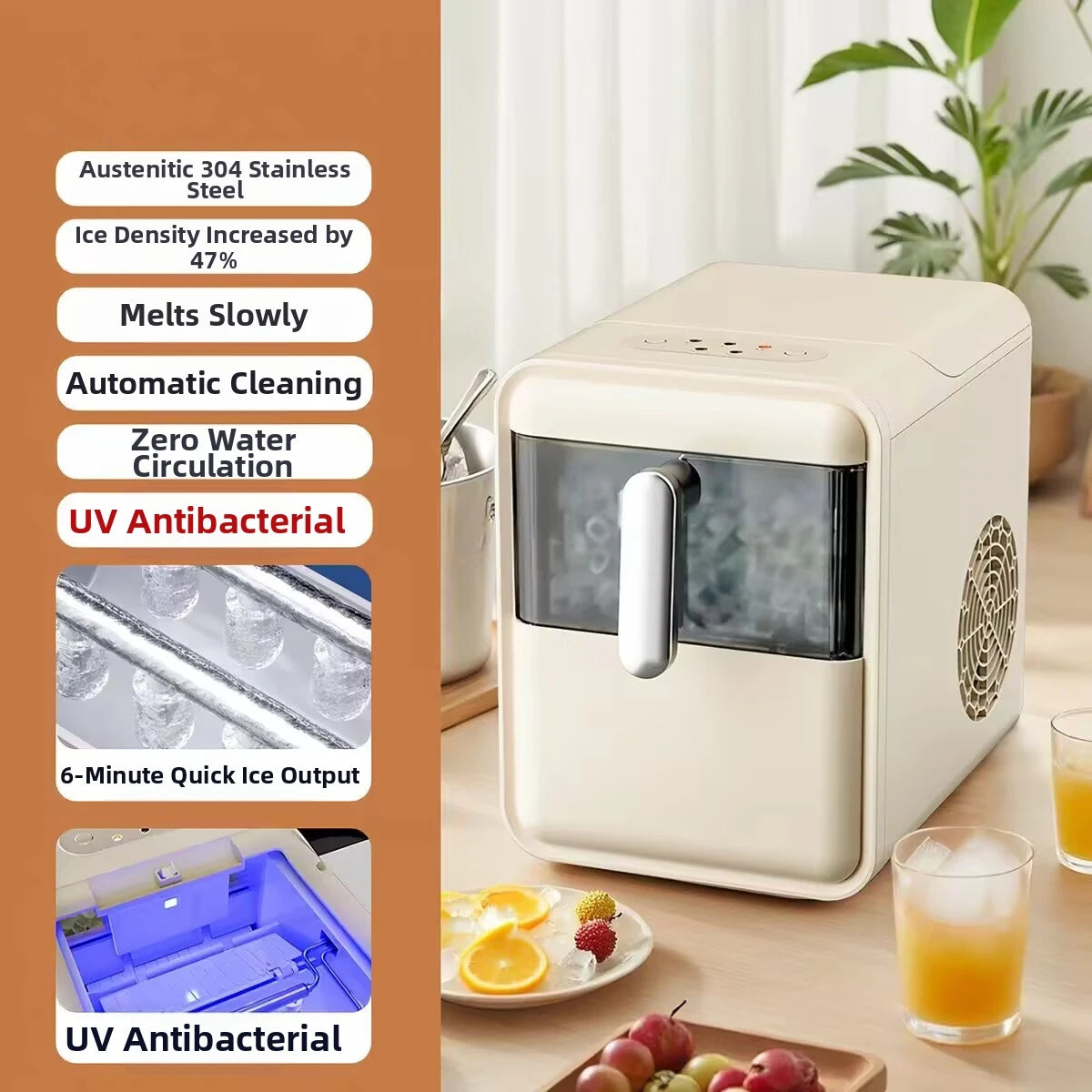 Máquina de Hielo Automática Mini Compacta – 15KG Diarios, Autolimpiante y Portátil para Hogar y Oficina
