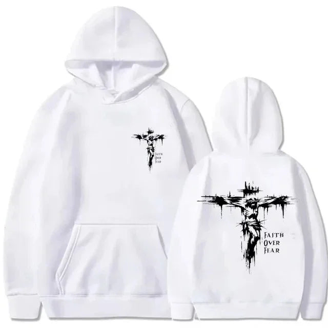 Hoodie con Cruz Religiosa y Texto Motivacional – Estilo Casual Unisex Otoño Invierno
