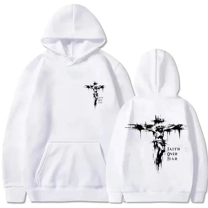 Hoodie con Cruz Religiosa y Texto Motivacional – Estilo Casual Unisex Otoño Invierno