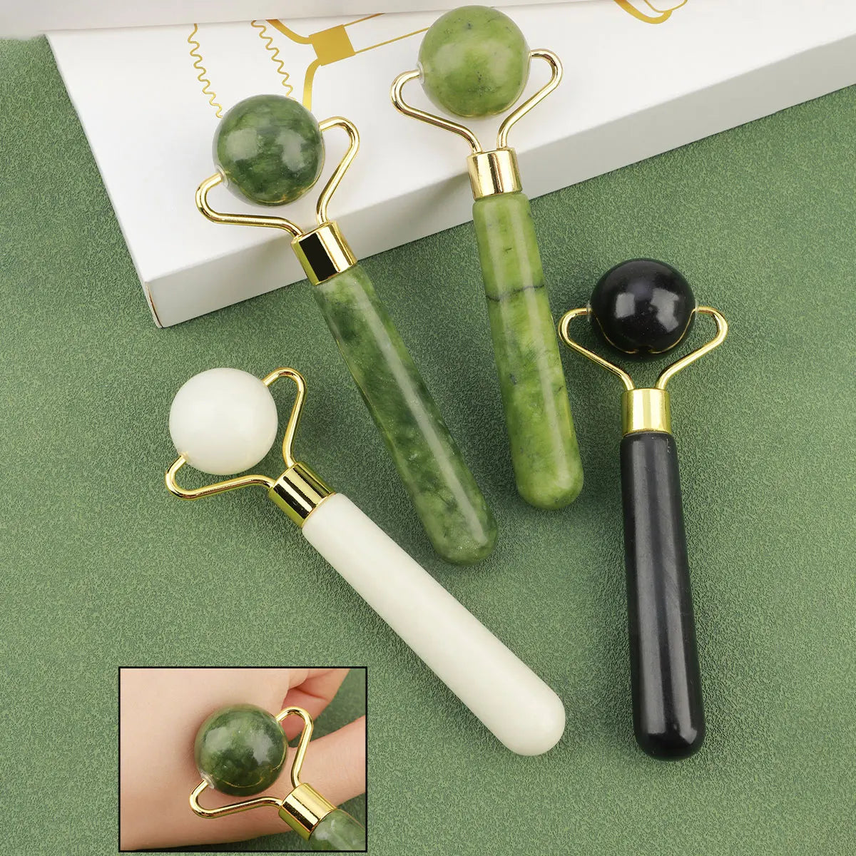 Kit 3 en 1 Rodillo de Jade + Gua Sha – Masajeador Facial para Ojos, Cuello y Rostro