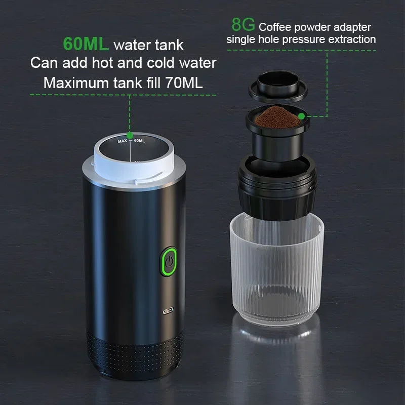 Cafetera Espresso Portátil Inalámbrica 3 en 1 para Cápsulas y Café Molido | Ideal para Auto, Hogar y Camping