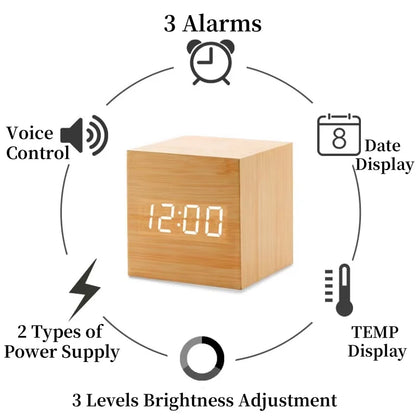 Reloj Despertador LED de Madera con Control de Voz – Digital USB/AAA para Escritorio