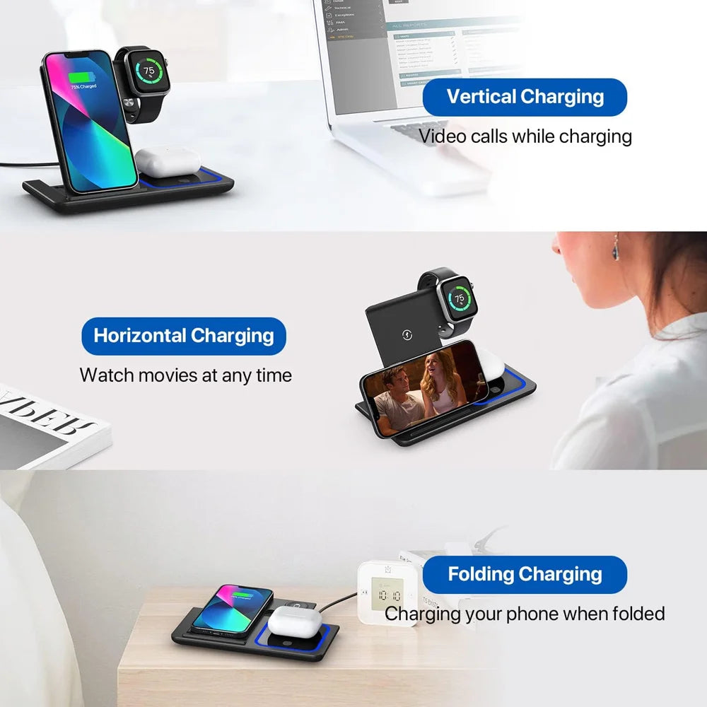 Cargador Inalámbrico LED 3 en 1 Plegable – Estación de Carga para iPhone 17-14, Apple Watch y AirPods
