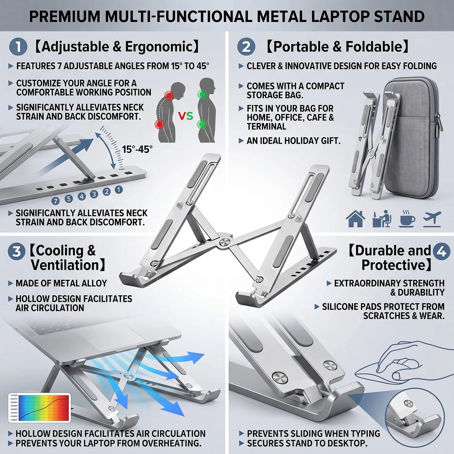 Soporte Metal Plegable para Laptop y Tablet – Aluminio con 6 Ángulos Ajustables