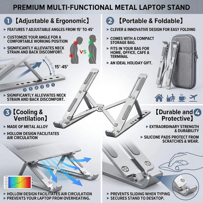 Soporte Metal Plegable para Laptop y Tablet – Aluminio con 6 Ángulos Ajustables