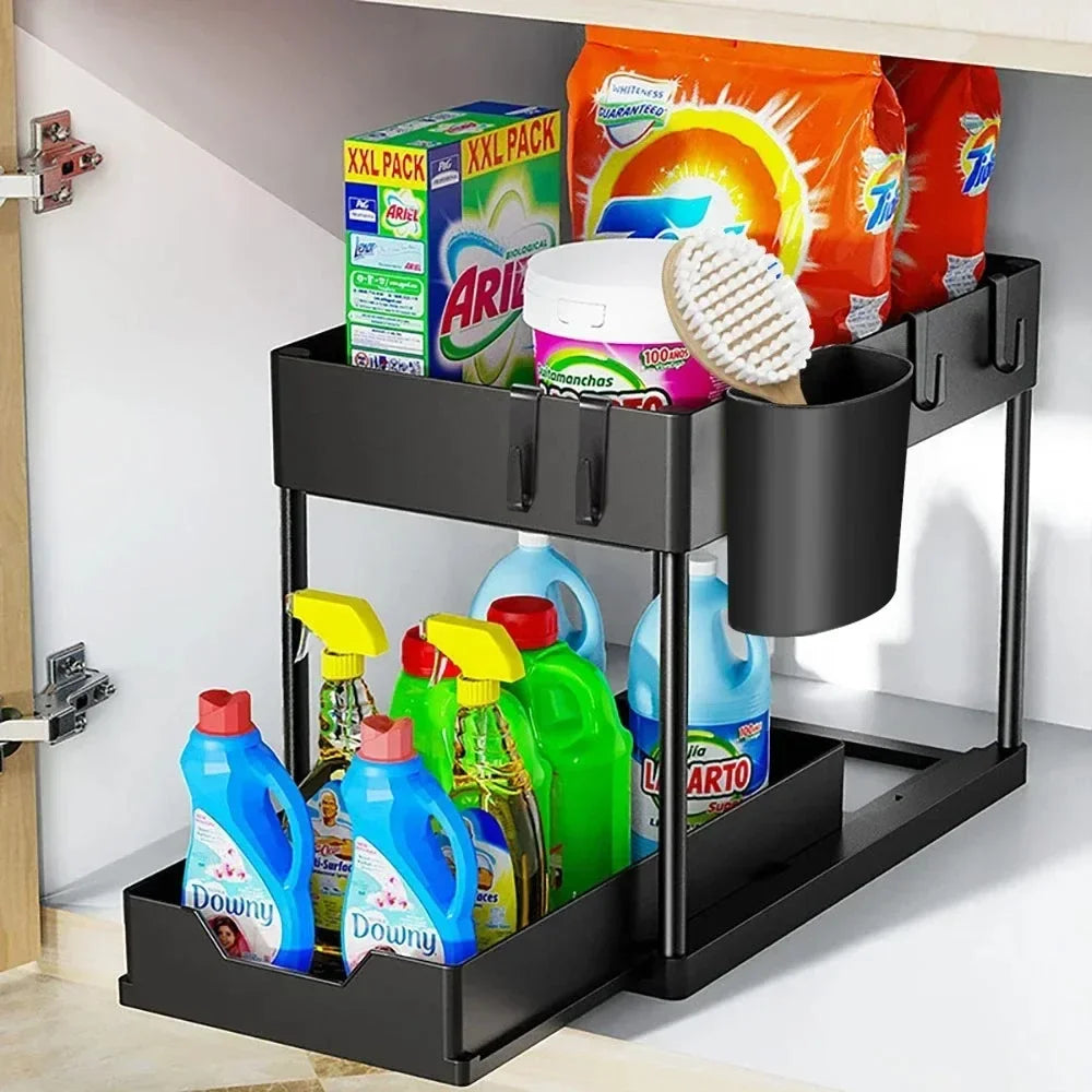 Organizador Bajo la Pileta 2 Niveles Deslizante con Ganchos y Vaso Colgante – Cocina y Baño