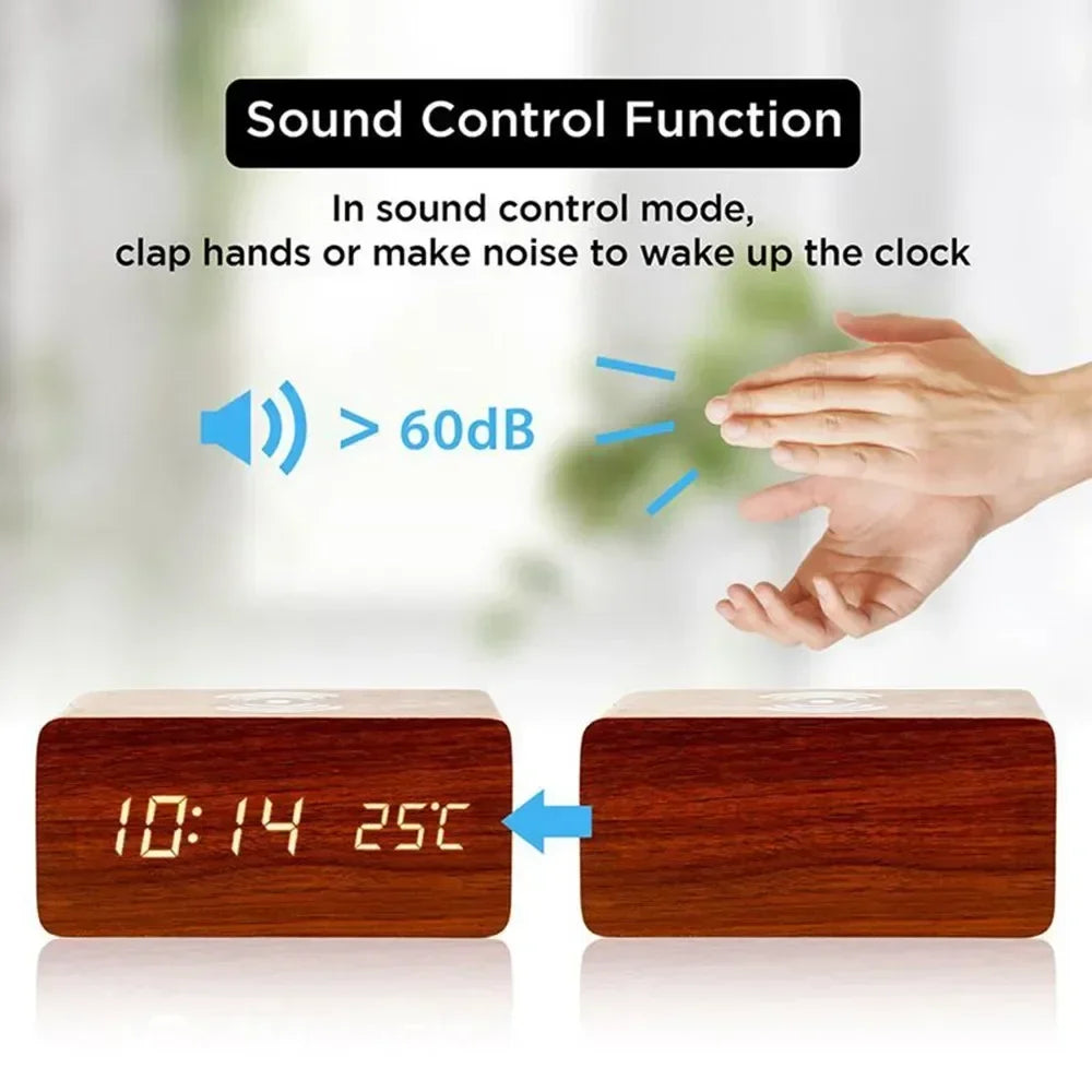 Reloj Despertador LED de Madera con Temperatura y Carga Inalámbrica – USB/AAA para Escritorio