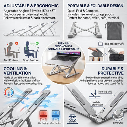 Soporte Metal Plegable para Laptop y Tablet – Aluminio con 6 Ángulos Ajustables
