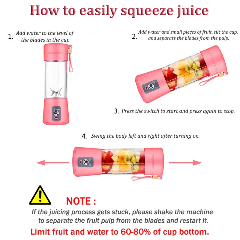 Licuadora Portátil Recargable por USB de 380 ml con 6 Cuchillas para Jugos, Batidos y Smoothies