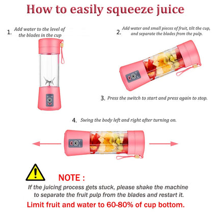 Licuadora Portátil Recargable por USB de 380 ml con 6 Cuchillas para Jugos, Batidos y Smoothies