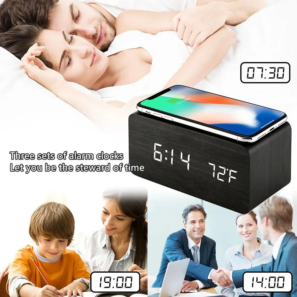 Reloj Despertador LED de Madera con Temperatura y Carga Inalámbrica – USB/AAA para Escritorio
