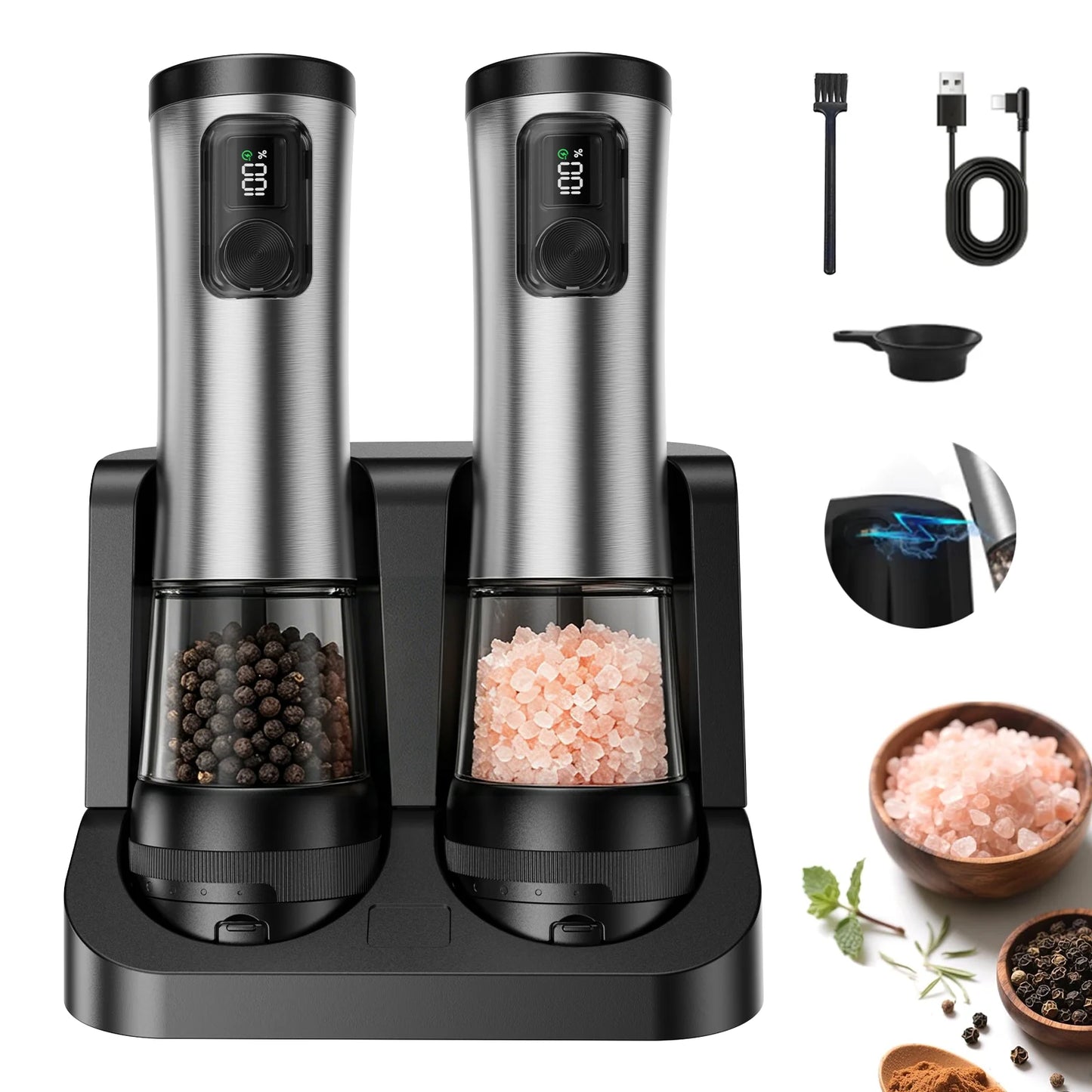 Molinillo Automático de Sal y Pimienta Recargable con Base y Pantalla LED