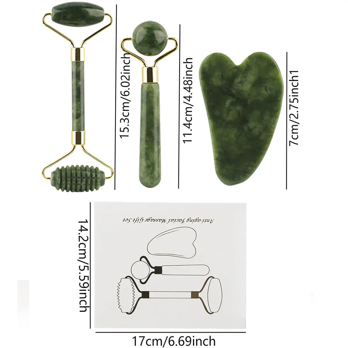Kit 3 en 1 Rodillo de Jade + Gua Sha – Masajeador Facial para Ojos, Cuello y Rostro