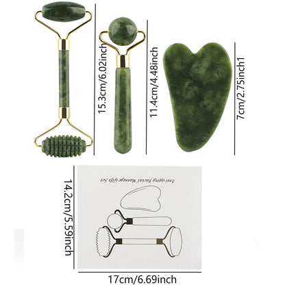 Kit 3 en 1 Rodillo de Jade + Gua Sha – Masajeador Facial para Ojos, Cuello y Rostro