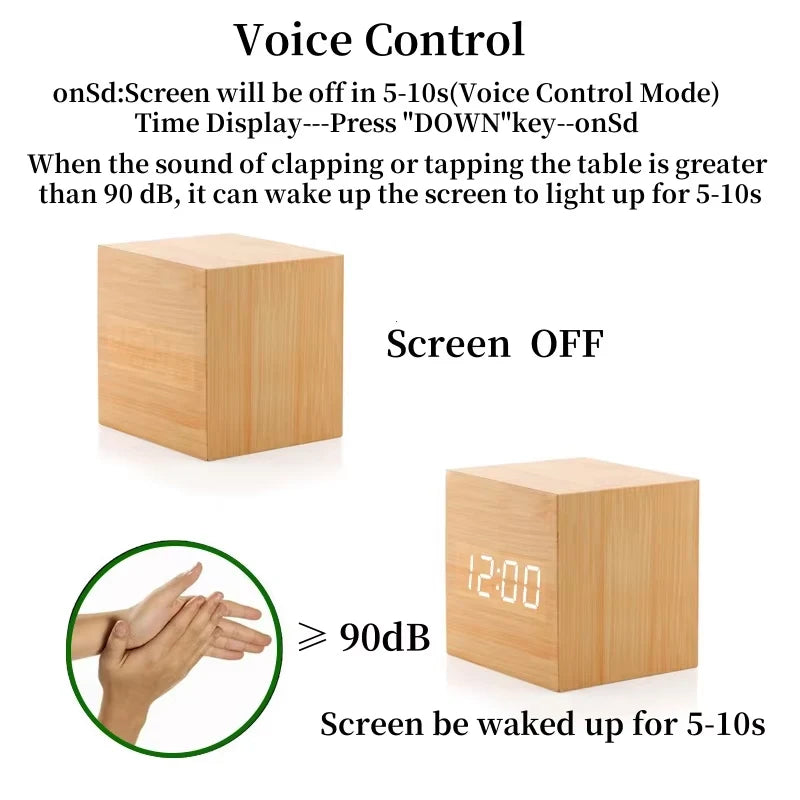 Reloj Despertador LED de Madera con Control de Voz – Digital USB/AAA para Escritorio