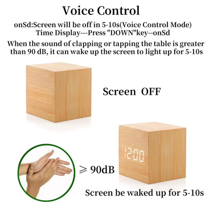 Reloj Despertador LED de Madera con Control de Voz – Digital USB/AAA para Escritorio