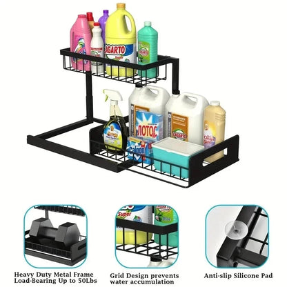 Estante Bajo la Pileta Deslizante 2 Capas – Organizador Práctico para Cocina y Baño