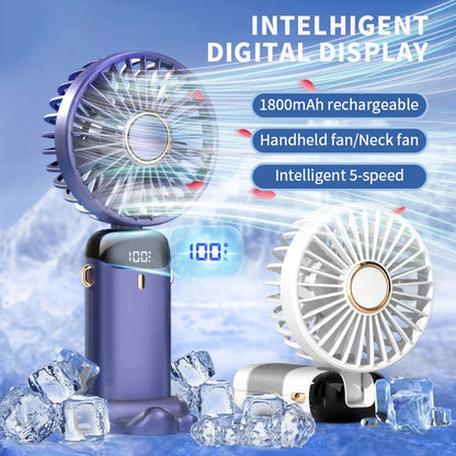 Ventilador Portátil Recargable USB 1800mAh | 5 Velocidades, Pantalla LED, Soporte para Celular y Colgante para Cuello