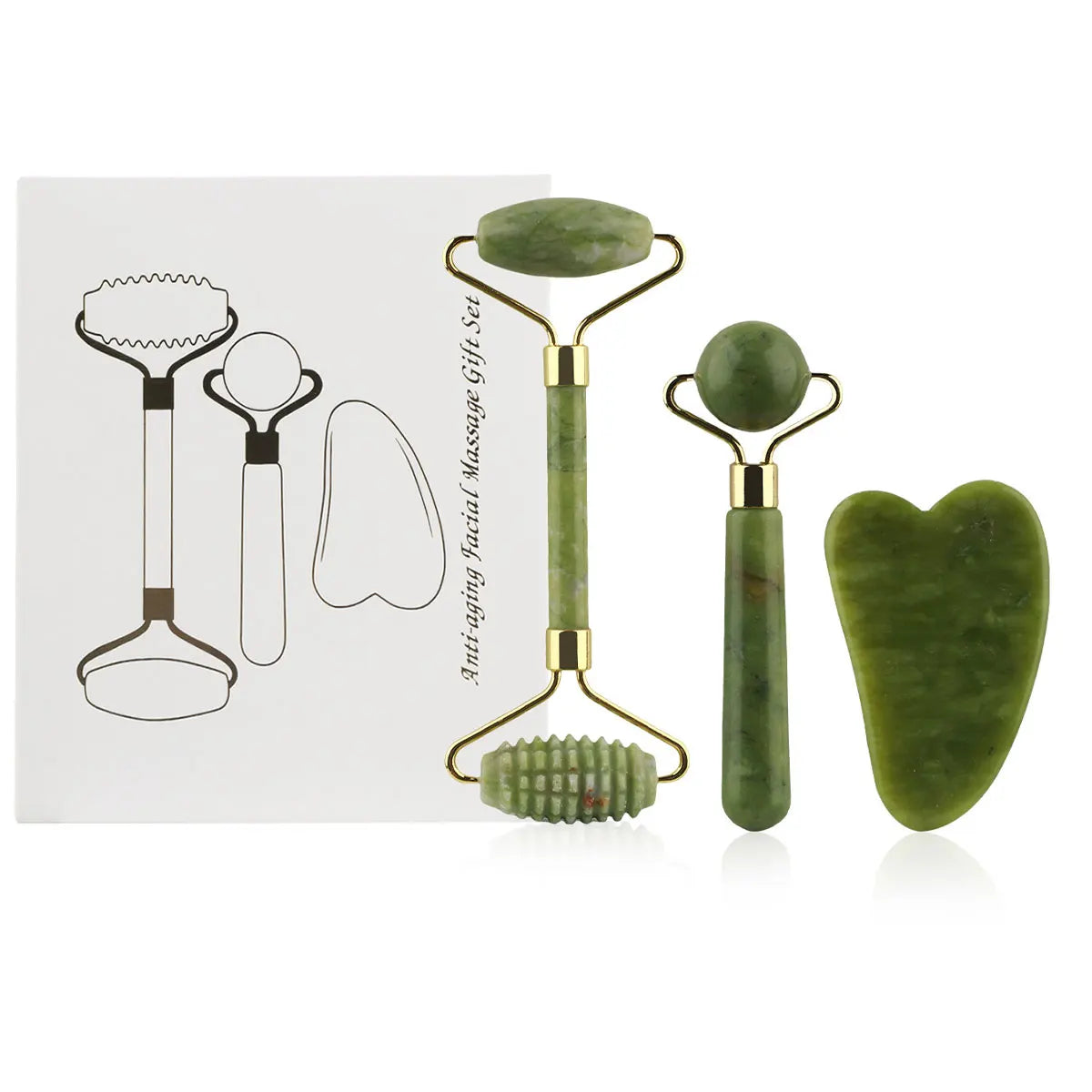 Kit 3 en 1 Rodillo de Jade + Gua Sha – Masajeador Facial para Ojos, Cuello y Rostro