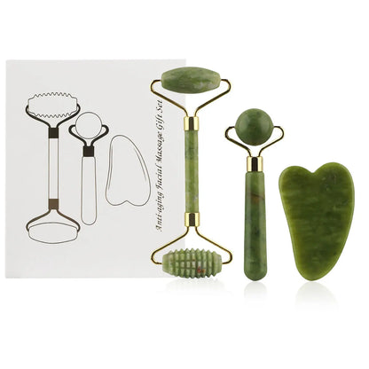 Kit 3 en 1 Rodillo de Jade + Gua Sha – Masajeador Facial para Ojos, Cuello y Rostro