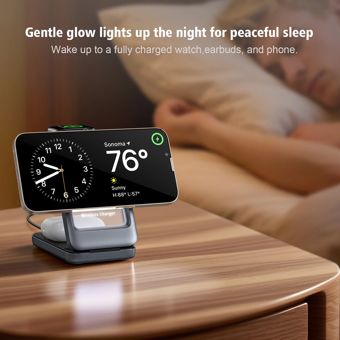 Cargador Inalámbrico 3 en 1 Plegable – iPhone 17-13, Apple Watch, AirPods Pro con Luz Nocturna