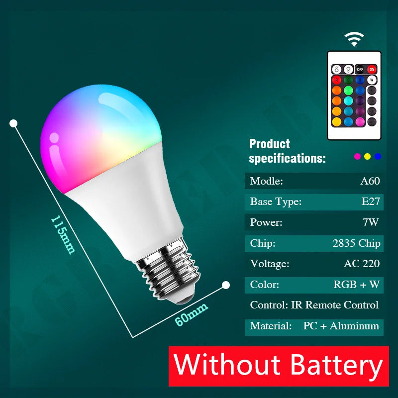 Bombilla LED RGB E27 con Control Remoto – 7W, 16 Colores, Regulable, AC220V