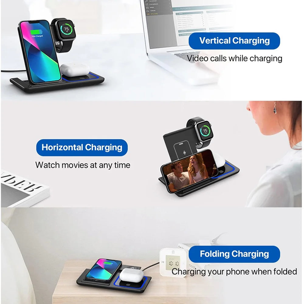 Cargador Inalámbrico 15W 3 en 1 Plegable – Estación de Carga Rápida para iPhone, Apple Watch y AirPods