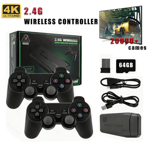 Consola Gaming Stick Basix 4K – Doble Control Inalámbrico 2.4G, 20000+ Juegos Retro, 64GB