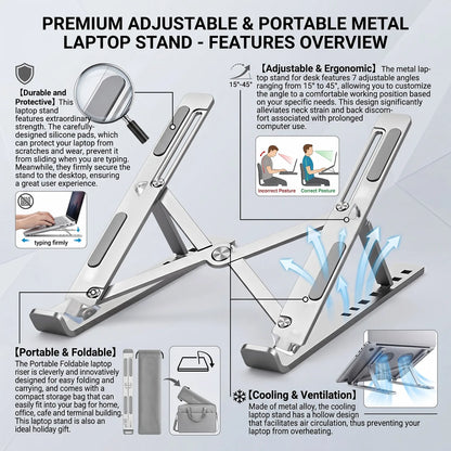 Soporte Metal Plegable para Laptop y Tablet – Aluminio con 6 Ángulos Ajustables