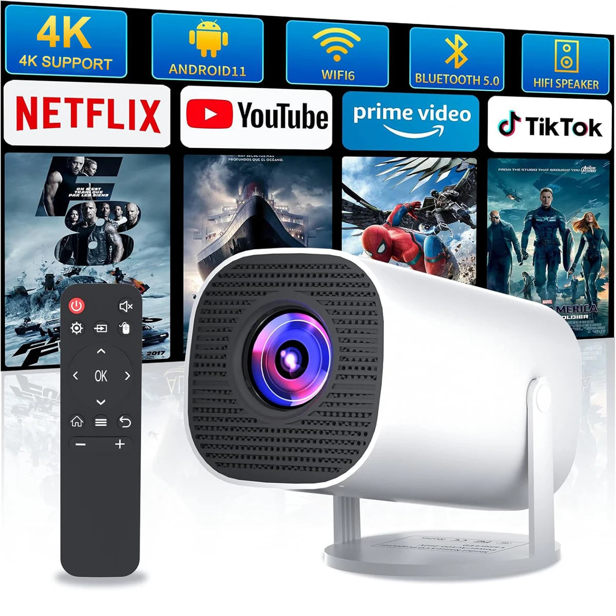 Mini Proyector con WiFi y Bluetooth – Soporte 4K, Android, Portátil para Cine en Casa, Oficina y Gaming