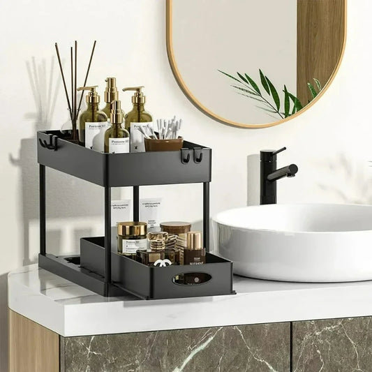 Organizador Bajo la Pileta 2 Niveles Deslizante con Ganchos y Vaso Colgante – Cocina y Baño