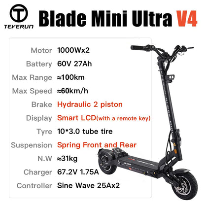 Scooter Eléctrico TEVERUN Blade MINI Ultra V4 – 2000W, 60V 27Ah, 100km, Pantalla LCD