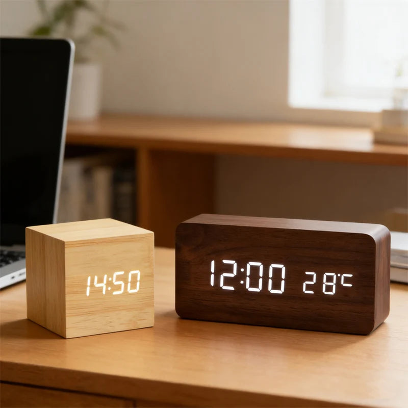 Reloj Despertador LED de Madera con Control de Voz – Digital USB/AAA para Escritorio